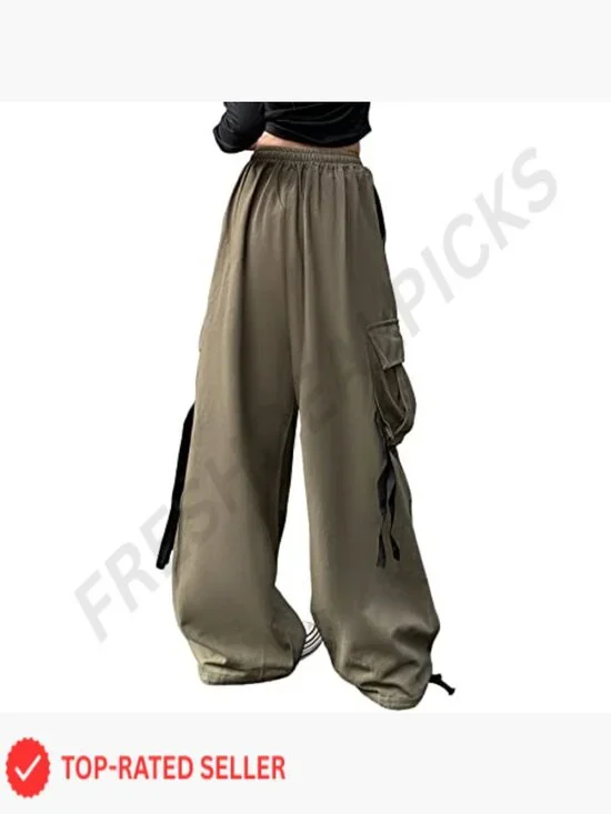 Wide Leg Cargo Pants Y2K Streetwear Baggy High Waist Drawstring Casual Pants - Picture 3 of 7